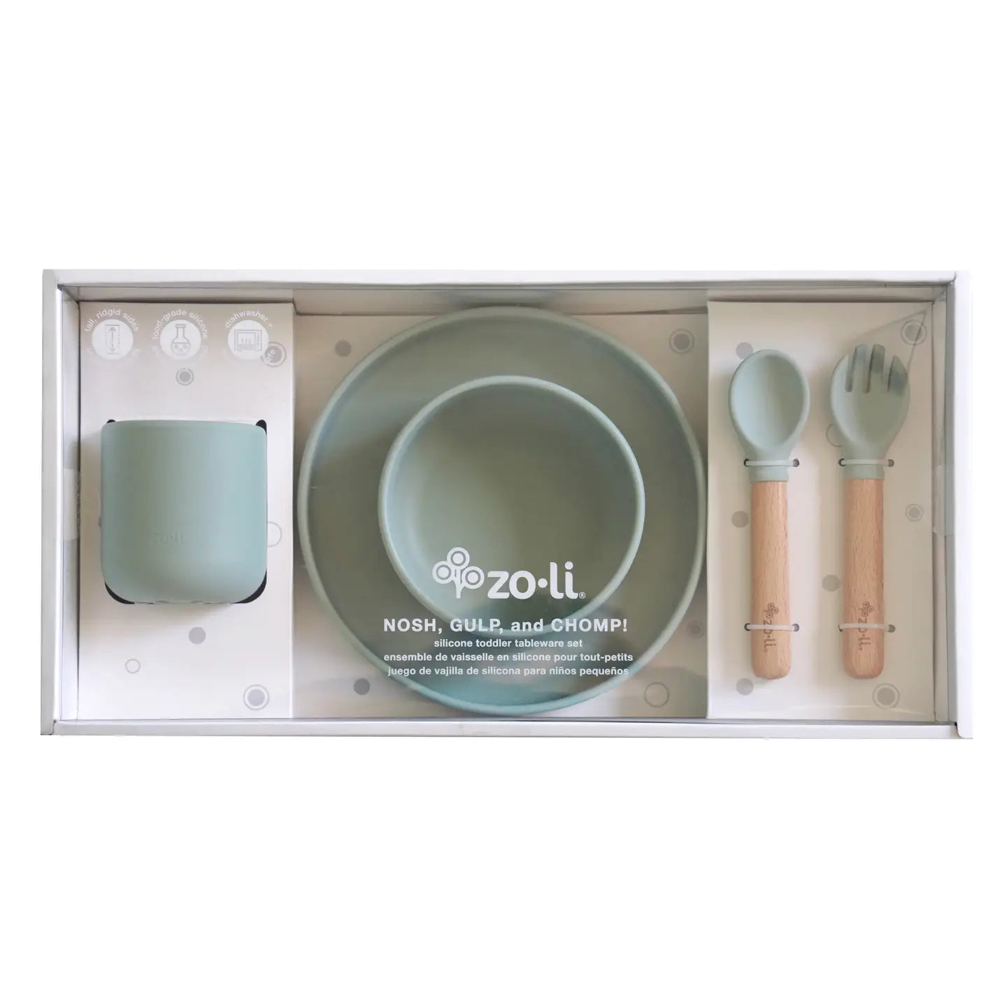 Silicone Toddler Feeding Set - Nosh, Gulp, Chomp Sage Green